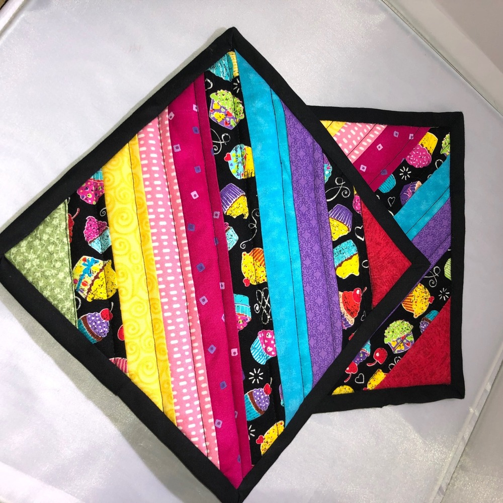 Handmade Quilted Cupcake Pot Holders Set of 2 Striped Patchwork Kitchen Mats